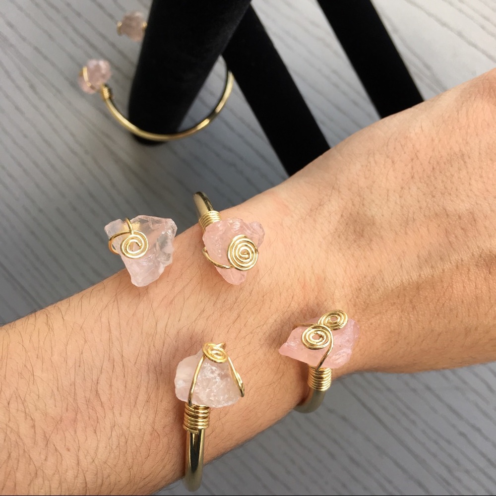 Boho Gold Metal Pink Crystal Wired Bangle Bracelet - Picture 3 of 8